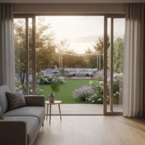 Home Serene woonkamer met plant, comfort en natuurlijk licht voor rust in huis en plezier in de tuin